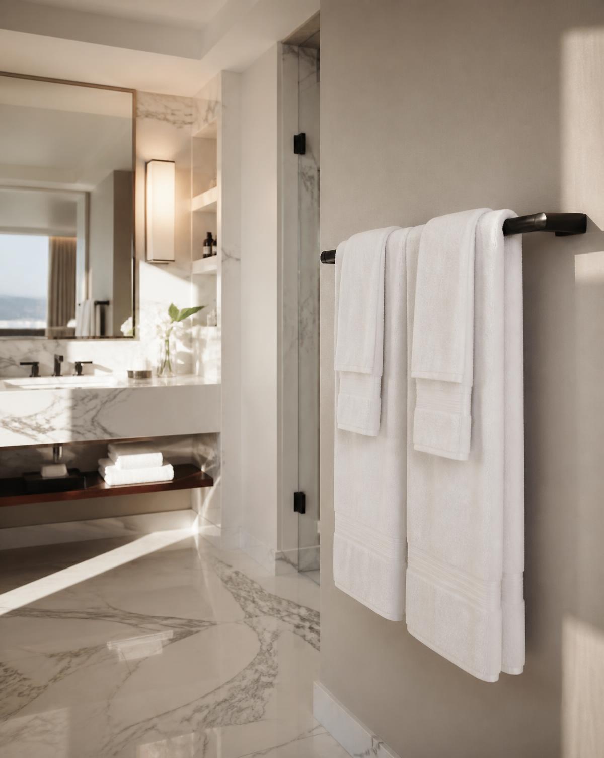 Hotel bathroom with towels on a matte black rail