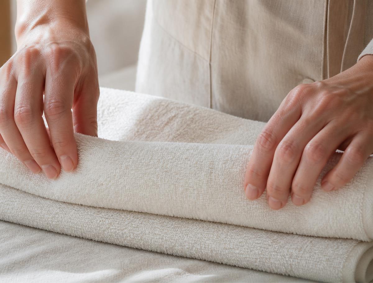 Hands folding a plush ivory cotton towel